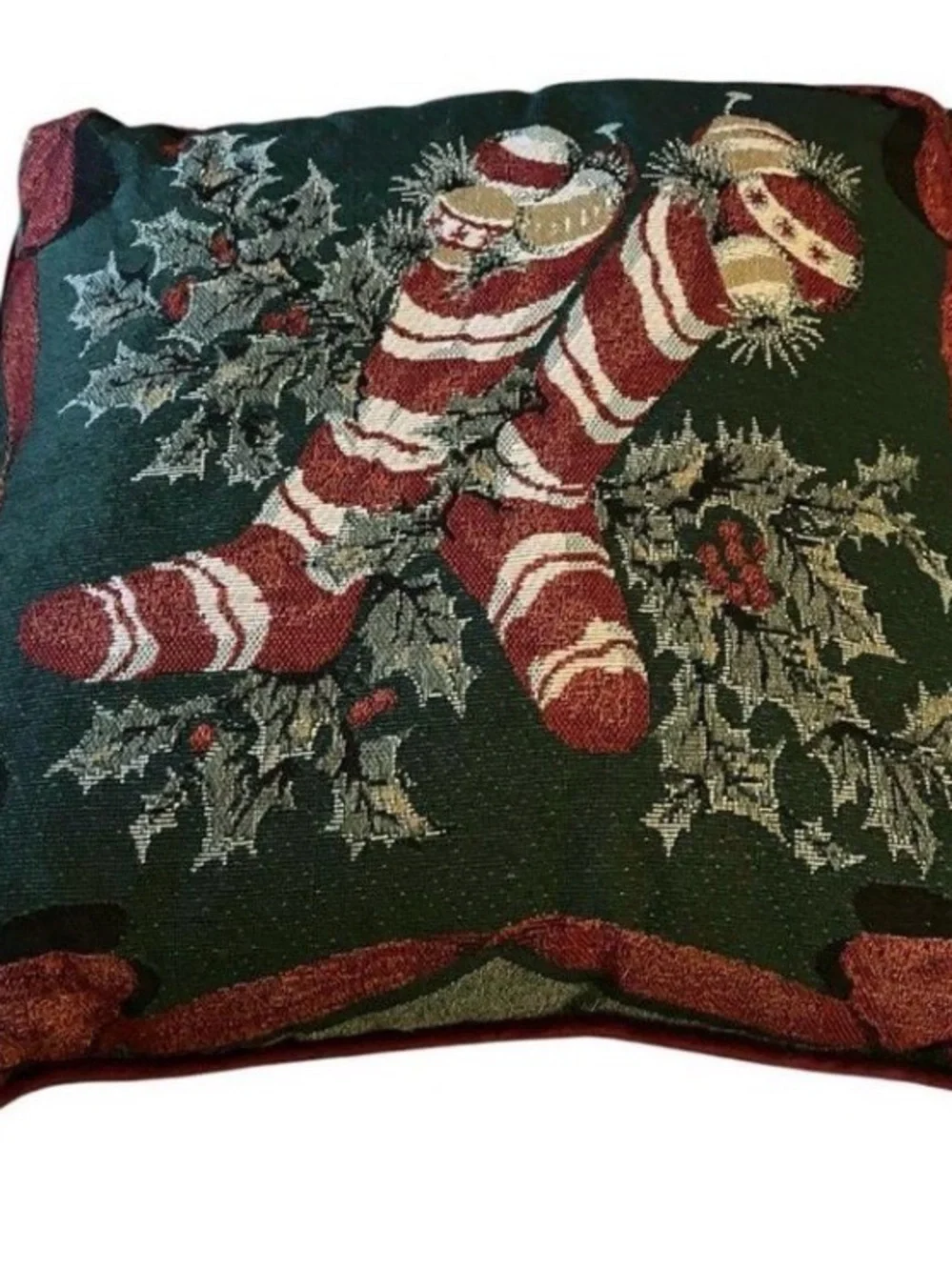 Martha Stewart green holiday pillow with stockings